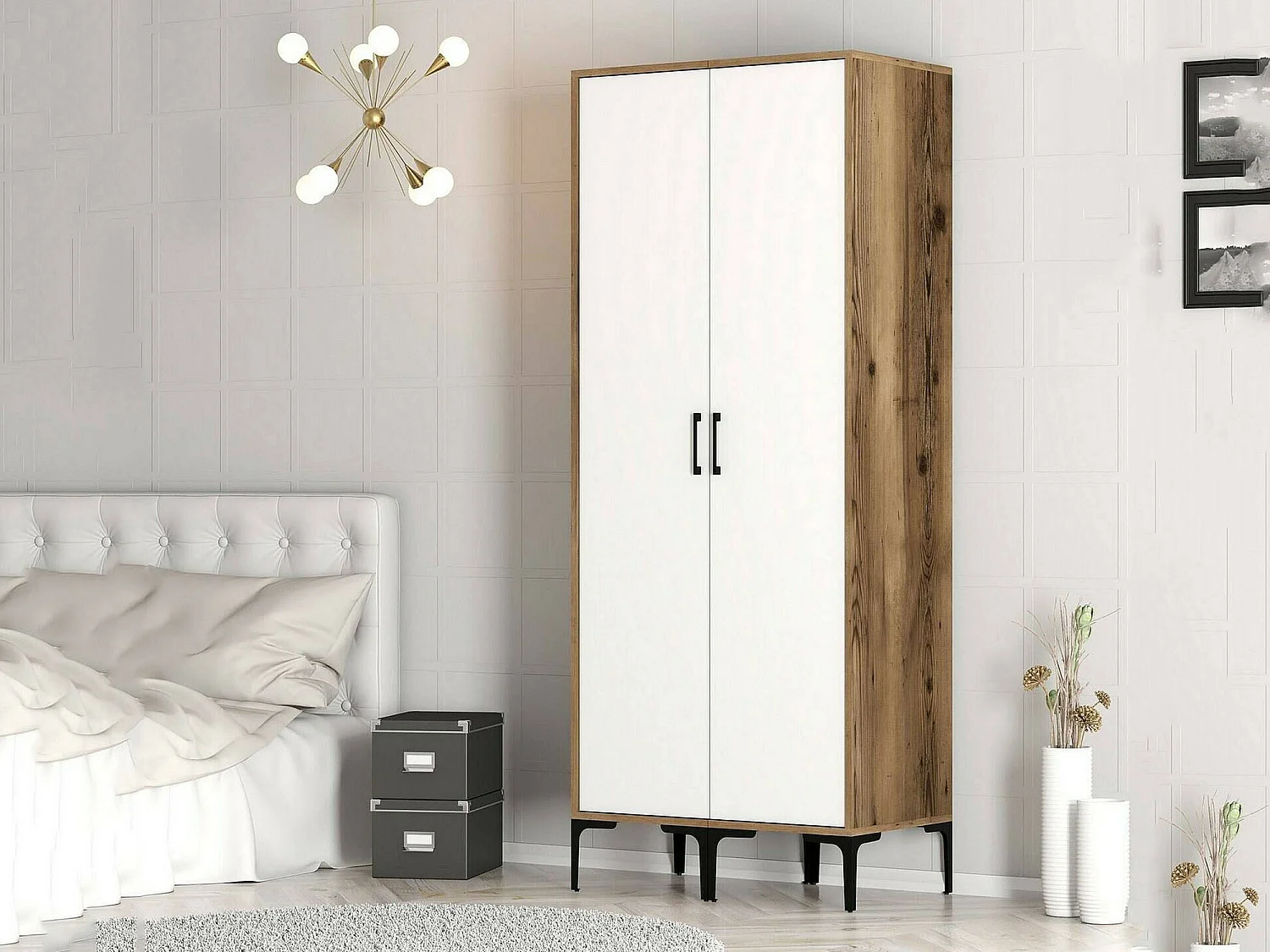Garde-robe 2 portes Dbonanse, Meubles de chambre, Penderie de plain-pied, Placard à vêtements, 80x201h48 cm, Blanc et Noyer