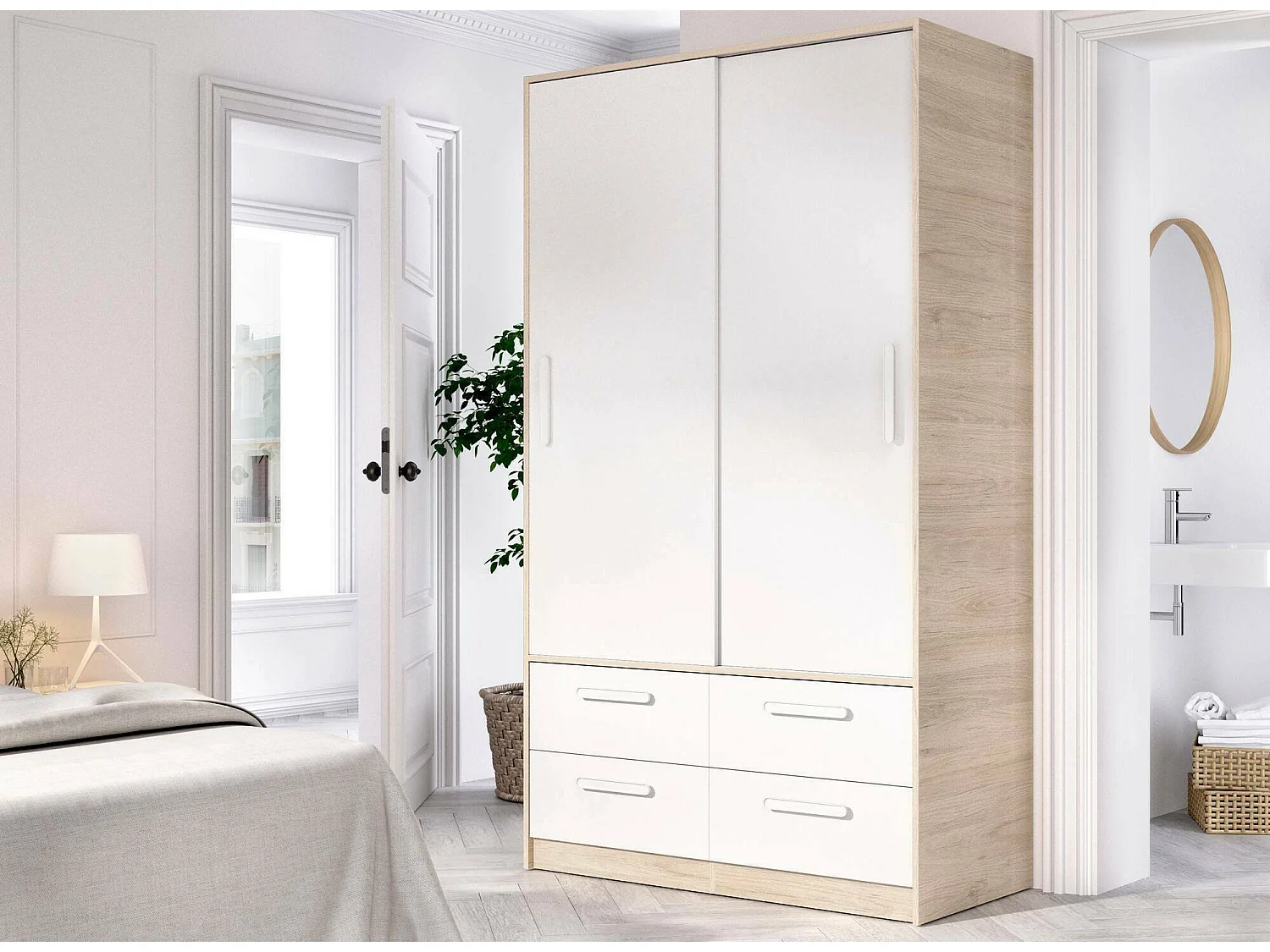 Kleiderschrank 2 Türen Dbradle, Schlafzimmermöbel, Schrank, Garderobe, 120x60 h204 cm, WeiÃŸ und Eiche