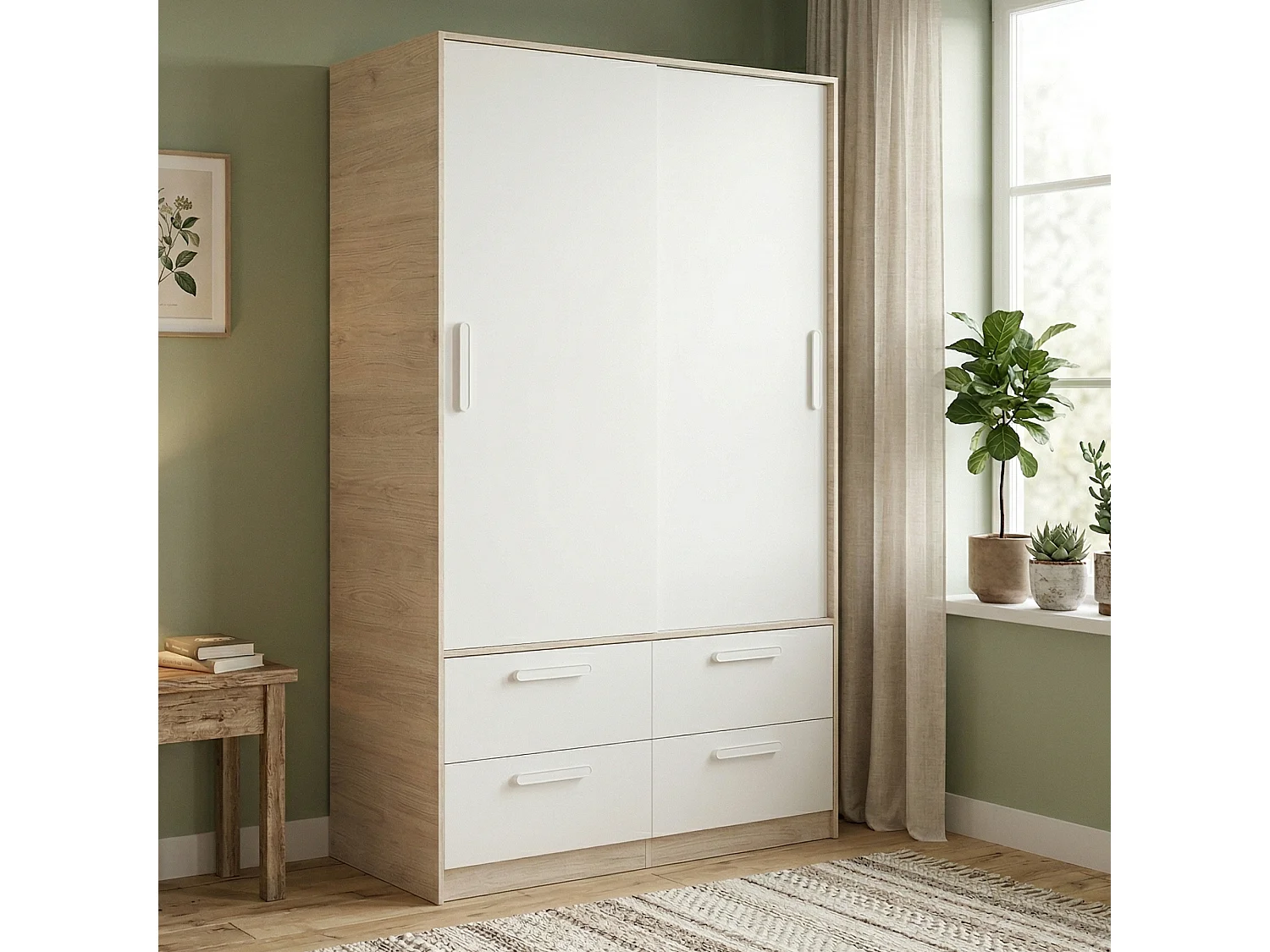 Garde-robe 2 portes Dbradle, Meubles de chambre, Penderie de plain-pied, Placard à vêtements, 120x60 h204 cm, Blanc et Chêne clair