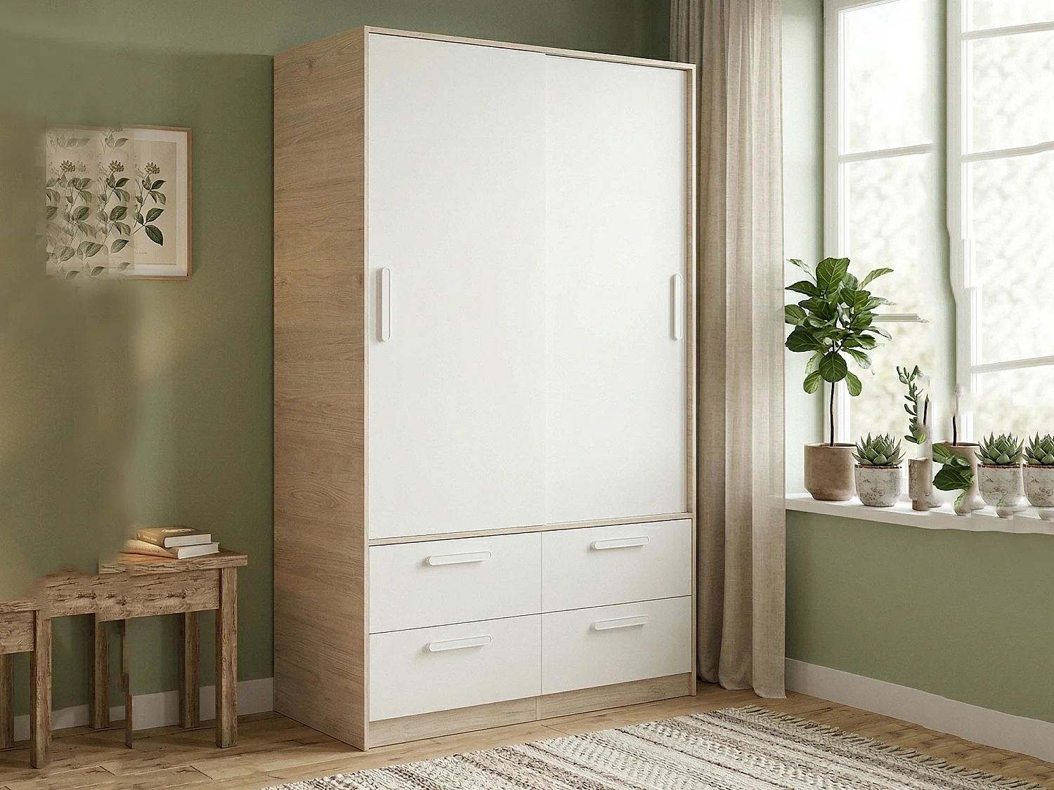 Garde-robe 2 portes Dbradle, Meubles de chambre, Penderie de plain-pied, Placard à vêtements, 120x60 h204 cm, Blanc et Chêne clair