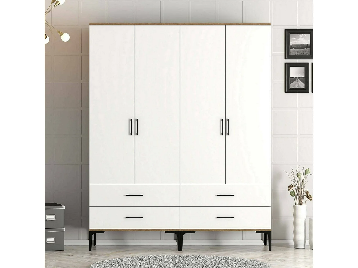 GroÃŸer Kleiderschrank Dfurlott, Schlafzimmermöbel, Schrank, Garderobe, 160x201h48 cm, Walnuss und WeiÃŸ