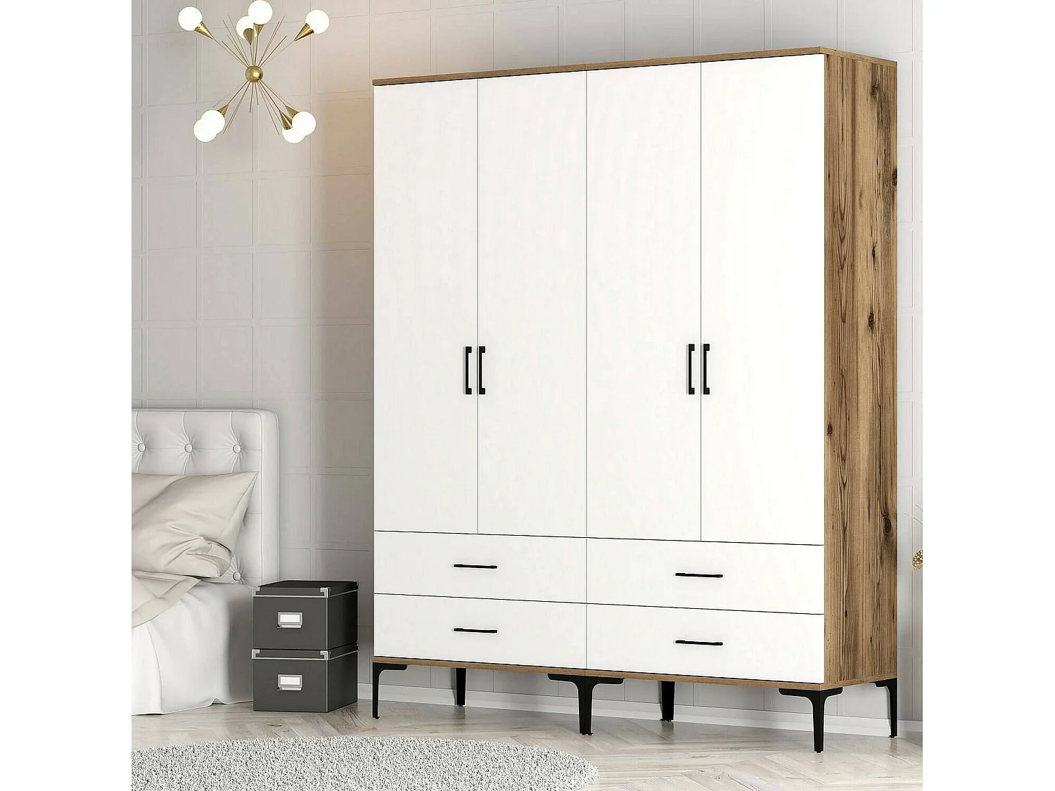 GroÃŸer Kleiderschrank Dfurlott, Schlafzimmermöbel, Schrank, Garderobe, 160x201h48 cm, Walnuss und WeiÃŸ