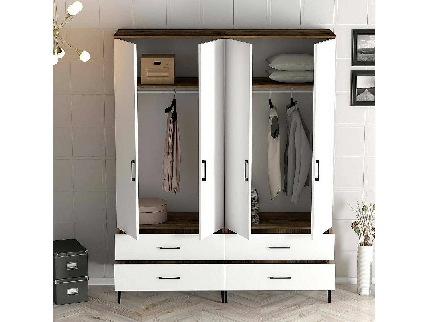 Grande Garde-robe Dfurlott, Meubles de chambre, Penderie de plain-pied, Placard à vêtements, 160x201h48 cm, Noyer et Blanc