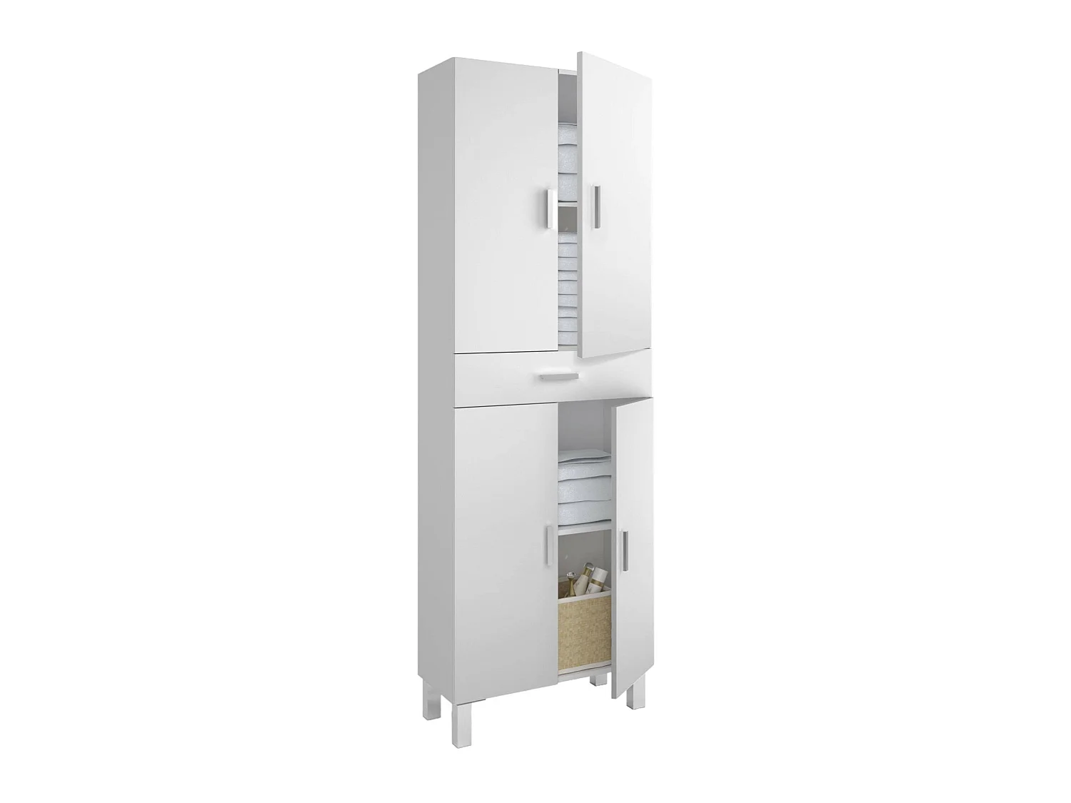 Armoire polyvalente Oxnard, Meuble de salle de bain ou buanderie avec 4 portes et 1 tiroir, Armoire à chaussures polyvalente, 60x29h182 cm, Blanc brillant