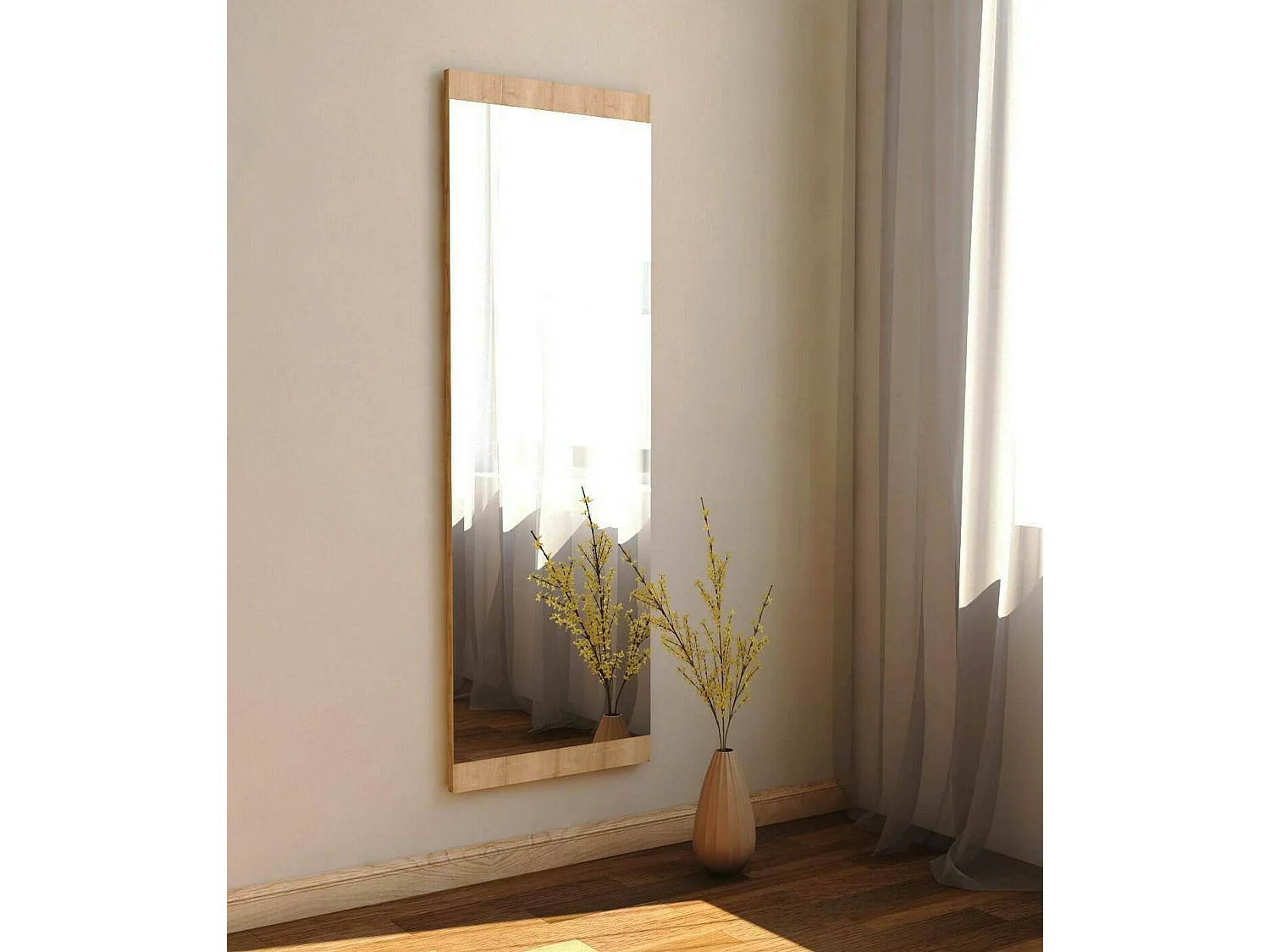 Miroir Acamar, Verre miroité, Objet d'ameublement mural, Décoration avec miroir, 40x2h120 cm, Chêne