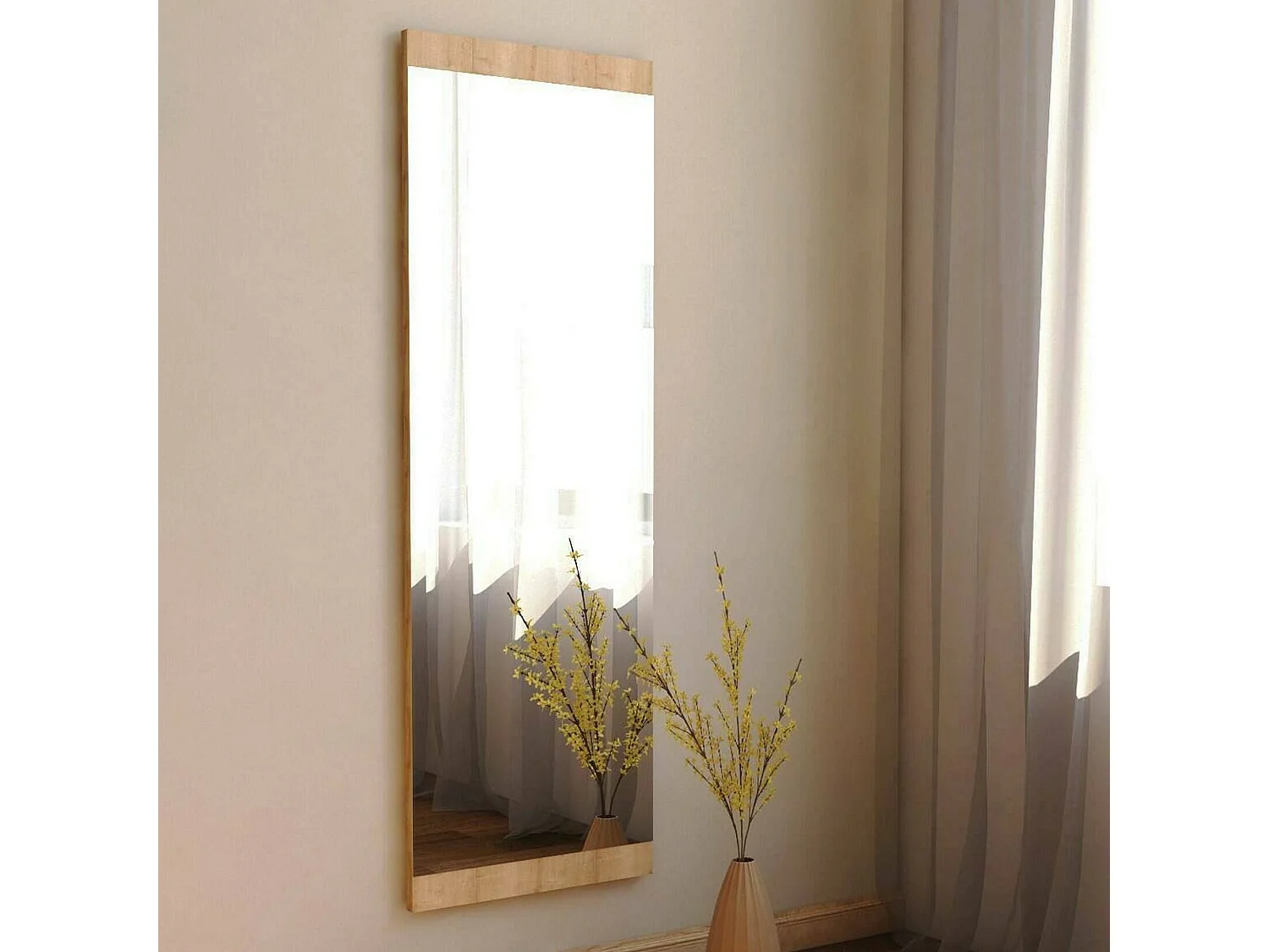Miroir Acamar, Verre miroité, Objet d'ameublement mural, Décoration avec miroir, 40x2h120 cm, Chêne