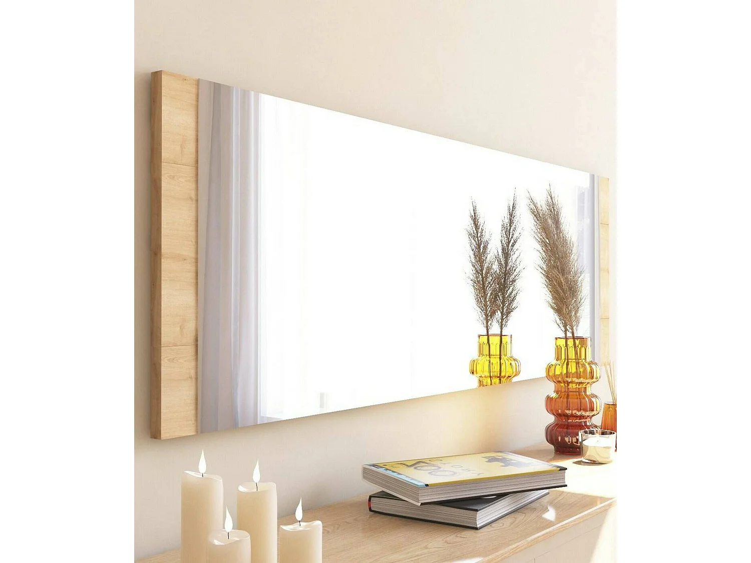 Miroir Acamar, Verre miroité, Objet d'ameublement mural, Décoration avec miroir, 40x2h120 cm, Chêne