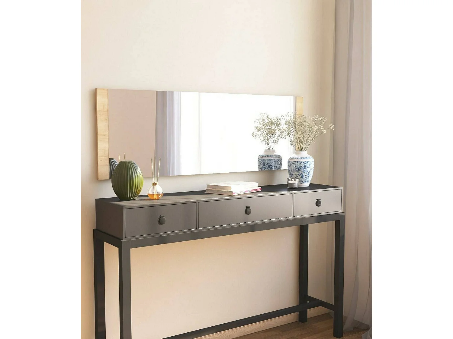 Miroir Acamar, Verre miroité, Objet d'ameublement mural, Décoration avec miroir, 40x2h120 cm, Chêne
