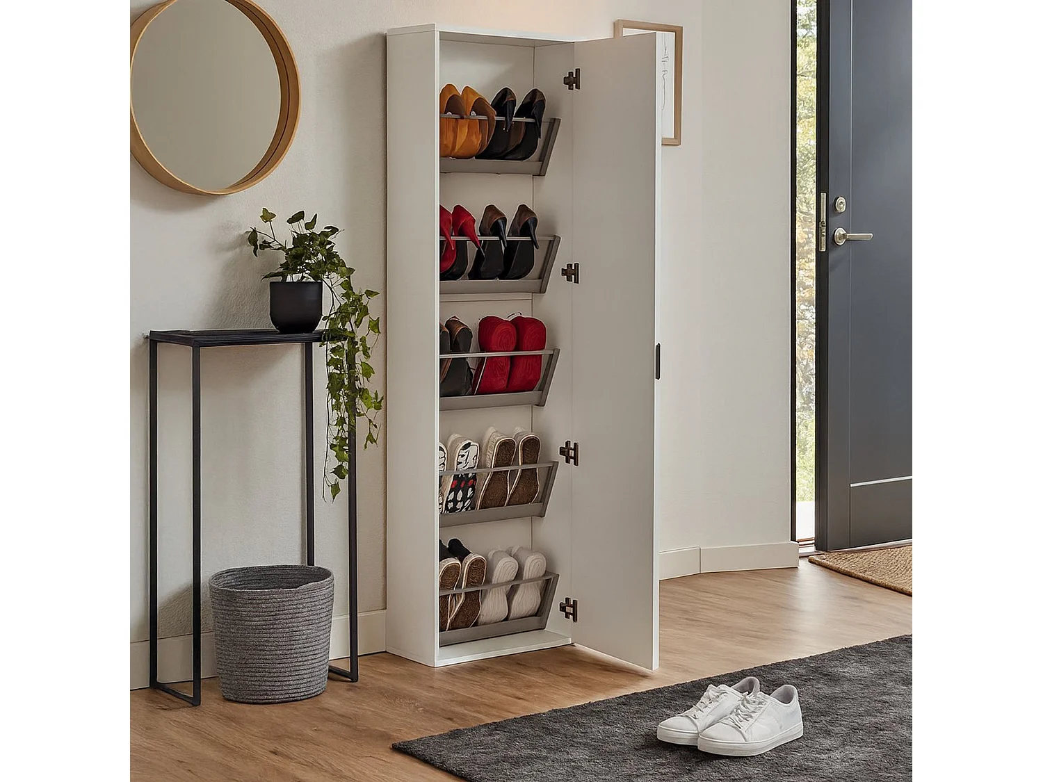 Étagère à chaussures Dabarre, Meuble d'entrée polyvalent avec porte miroir, Meuble à chaussures moderne avec 5 étagères, 100% Made in Italy, 50x18h178 cm, Blanc