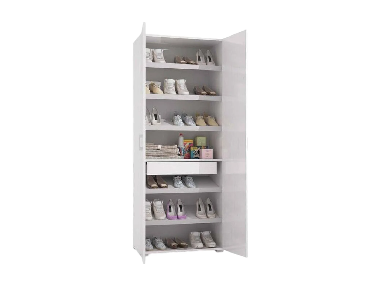 Étagère à chaussures Dminiat, Meuble d'entrée polyvalent avec porte miroir, Meuble à chaussures moderne avec 6 étagères, 100% Made in Italy, 72x37h195 cm, Blanc