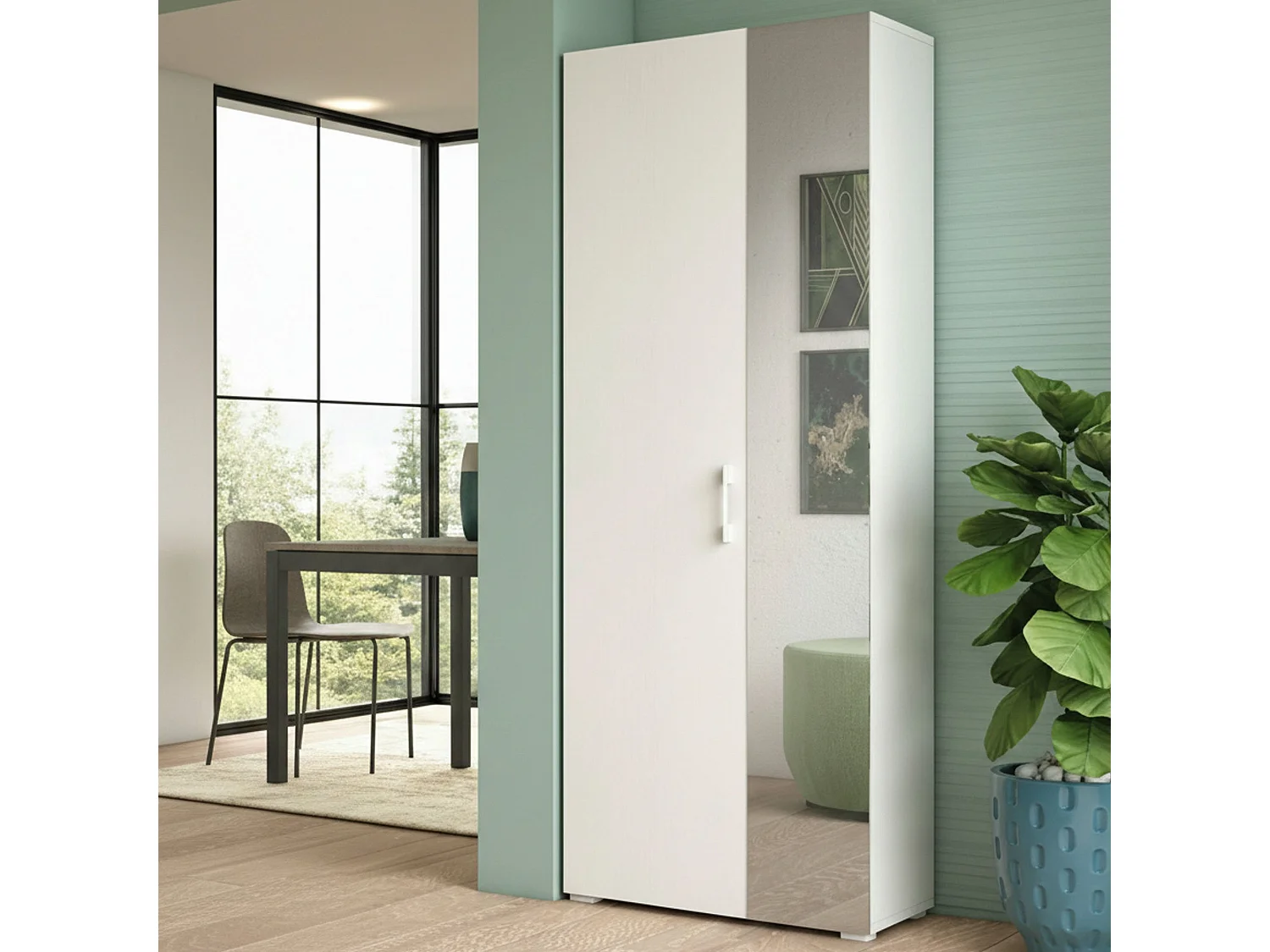 Étagère à chaussures Dminiat, Meuble d'entrée polyvalent avec porte miroir, Meuble à chaussures moderne avec 6 étagères, 100% Made in Italy, 72x37h195 cm, Blanc