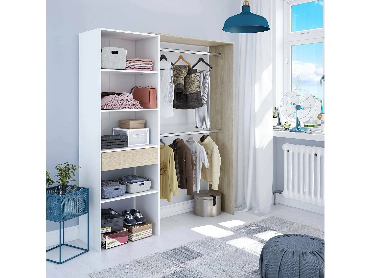 Armoire Miramar, Structure pour dressing, Armoire ouverte sans portes, Dressing, 158x40h187 cm, Blanc et Chêne