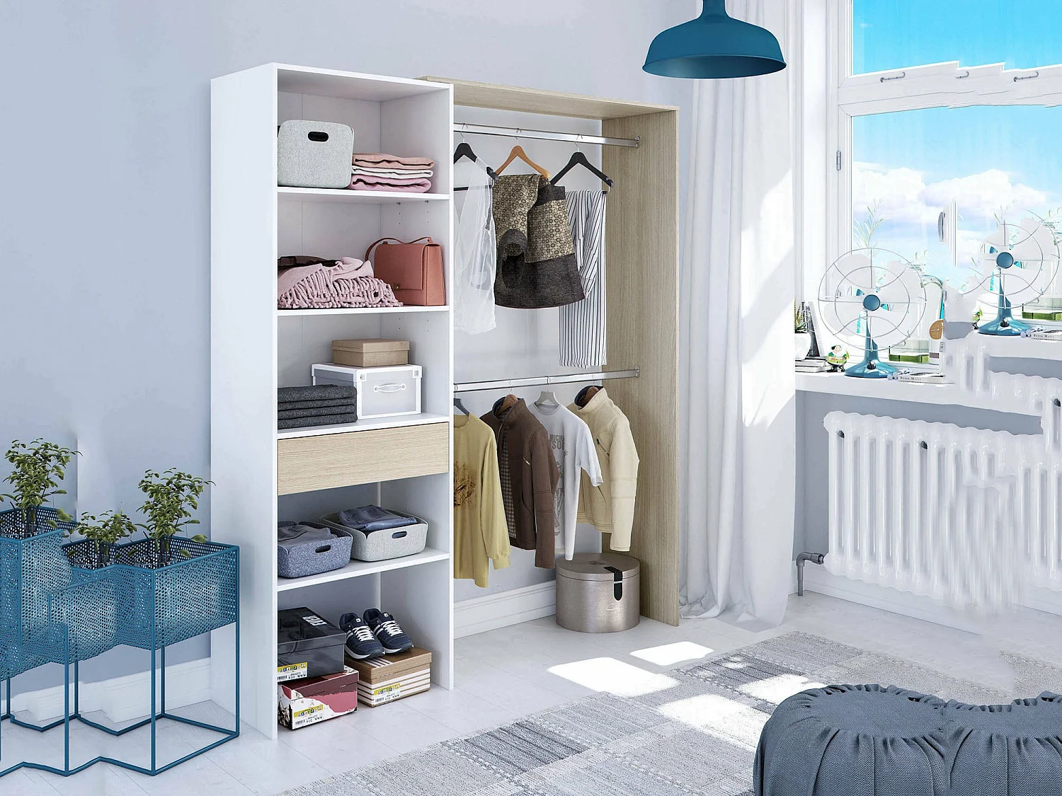 Guardaroba Miramar, Struttura per cabina armadio, Armadio aperto senza ante, Cabina armadio, 158x40h187 cm, Bianco e Rovere
