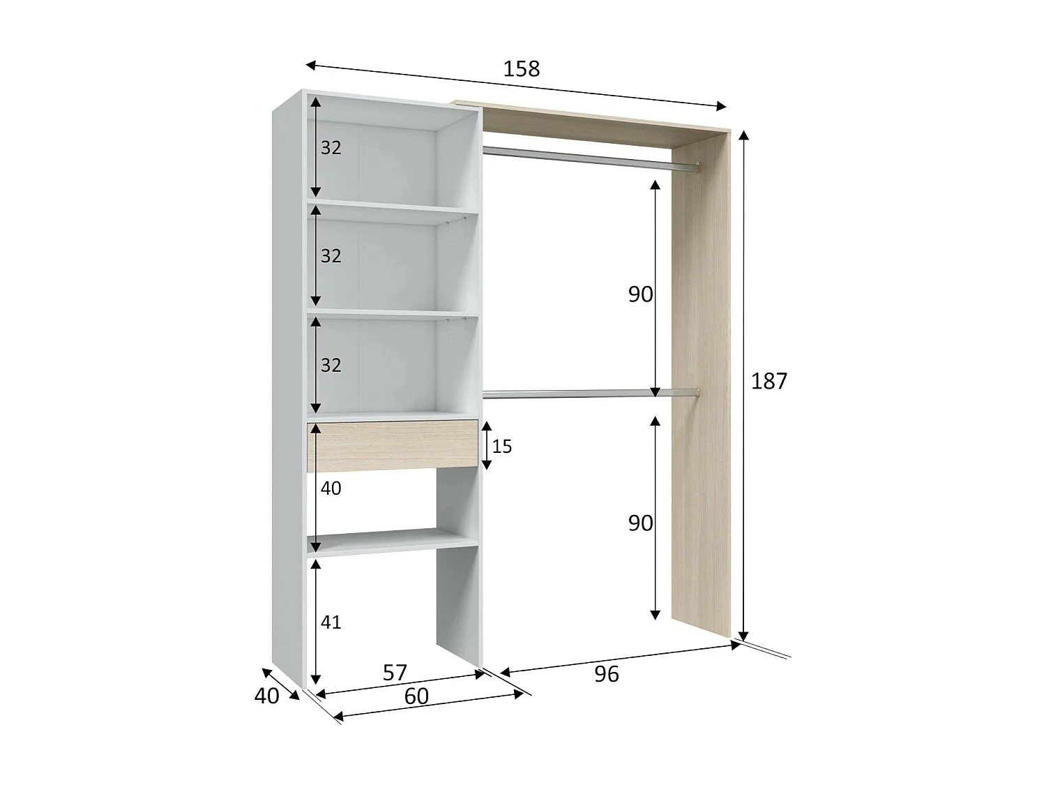 Garderobe Dalala, Struktur für begehbaren Kleiderschrank, Offener Kleiderschrank ohne Türen, Begehbarer Kleiderschrank, 158x40h187 cm, WeiÃŸ und Eiche