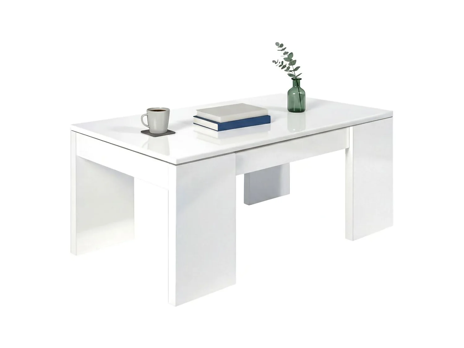 Table basse Malibu, Table basse avec plateau relevable, Table basse de salon, 100x50h43/84 cm, Blanc brillant