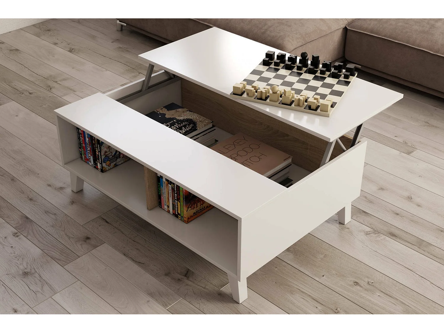 Dmora Salontafel Lincoln 38x100x68h cm Wit Glanzend opbergvak, Verhoogd Blad, ABS-poten, Rechthoekige Vorm