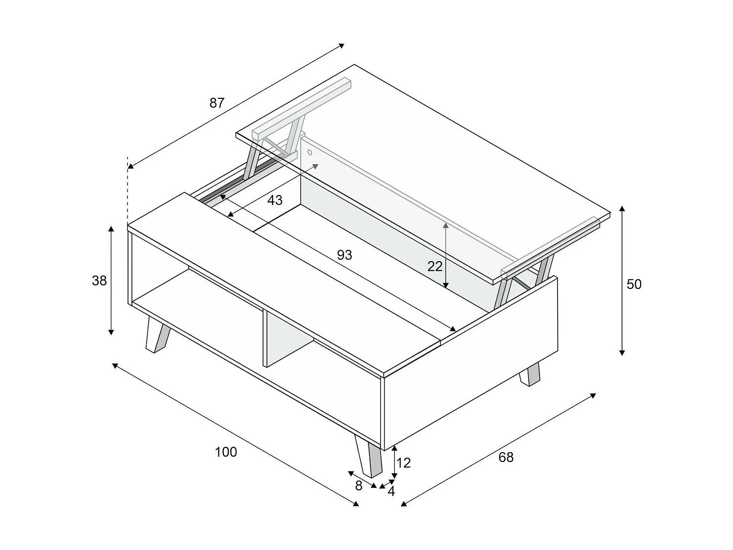 Dmora Salontafel Lincoln 38x100x68h cm Wit Glanzend opbergvak, Verhoogd Blad, ABS-poten, Rechthoekige Vorm