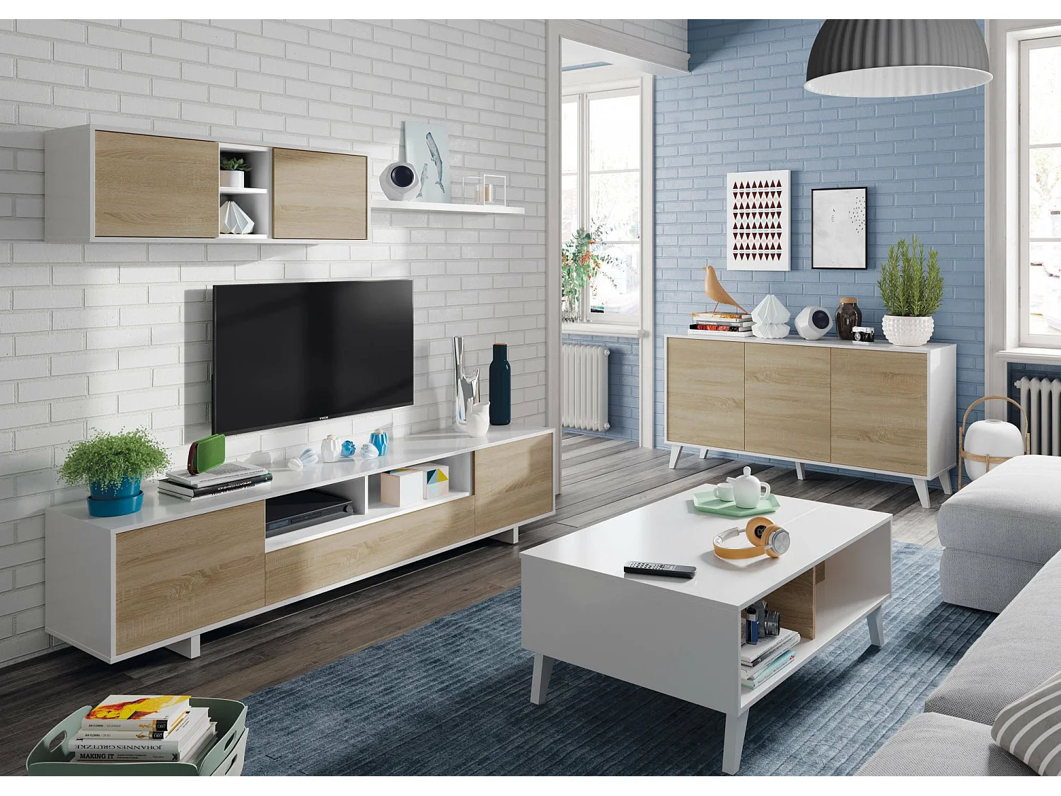 Dmora Salontafel Lincoln 38x100x68h cm Wit Glanzend opbergvak, Verhoogd Blad, ABS-poten, Rechthoekige Vorm