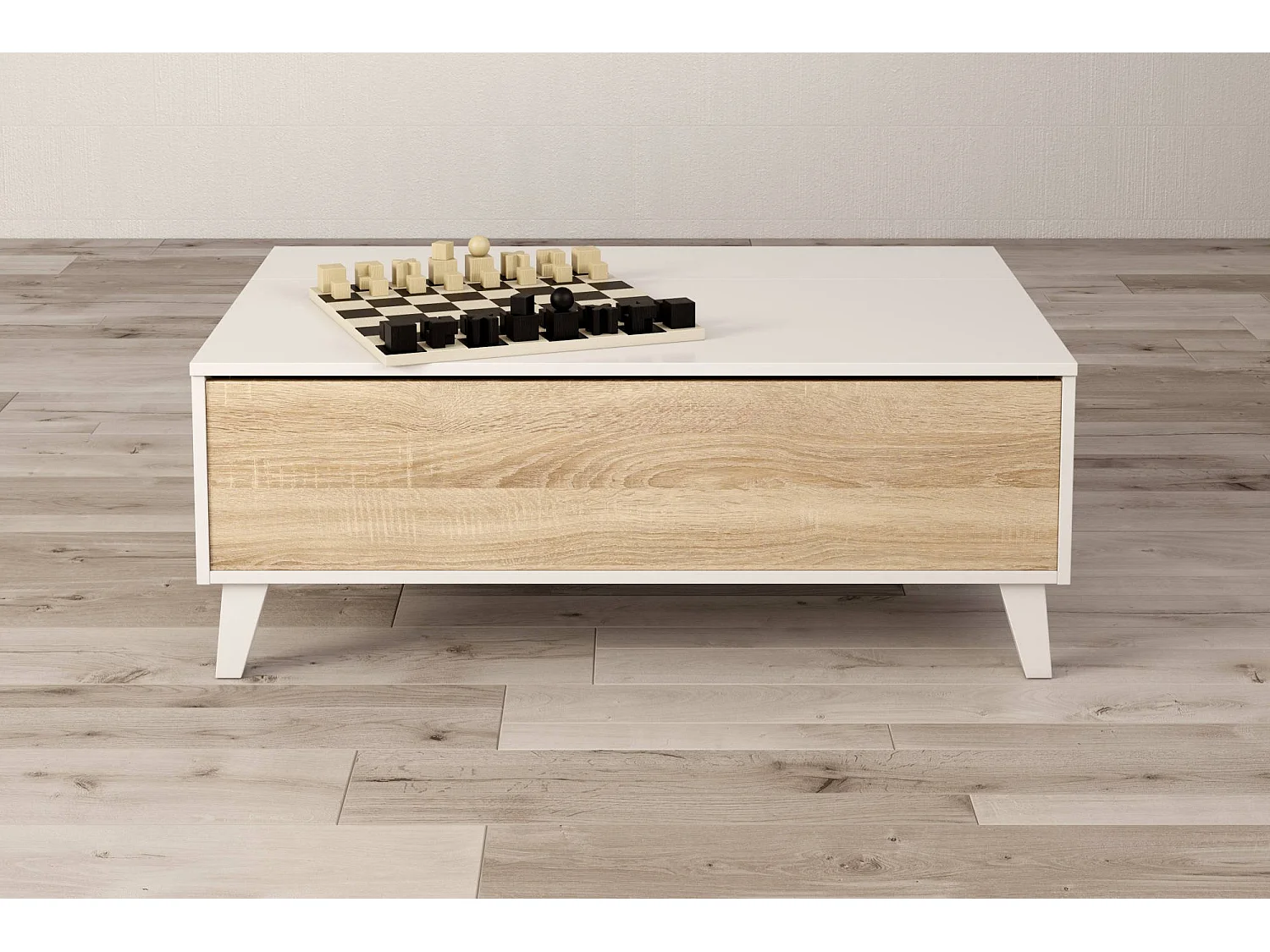 Tavolino da Salotto Parche, Piano Elevabile Contenitore Piedini in abs, 38x100x68h cm Bianco Lucido