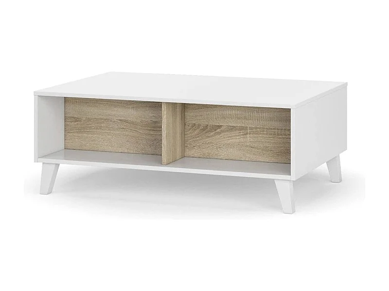 Mesa de centro Dgattus, Mesa de centro com tampo elevável, Mesa baixa de sala, 100x68h38 cm, Branco brilhante e carvalho