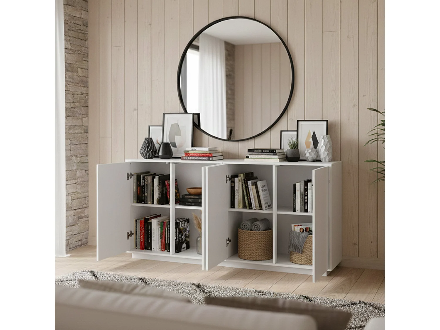 Aparador Virgilio, aparador de cozinha 4 portas, Buffet de sala, 100% Fabricado na Itália, 180x41h86 cm, Branco brilhante