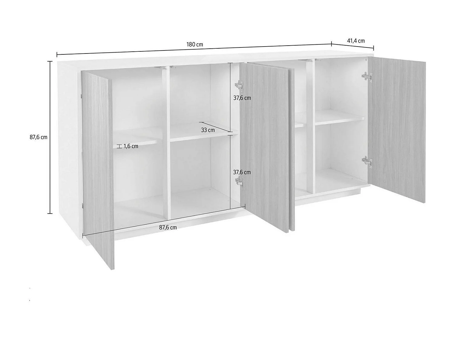 Buffet Virgilio, Buffet de cuisine 4 portes, Buffet de salon, 100% Made in Italy, 180x41h86 cm, Blanc brillant