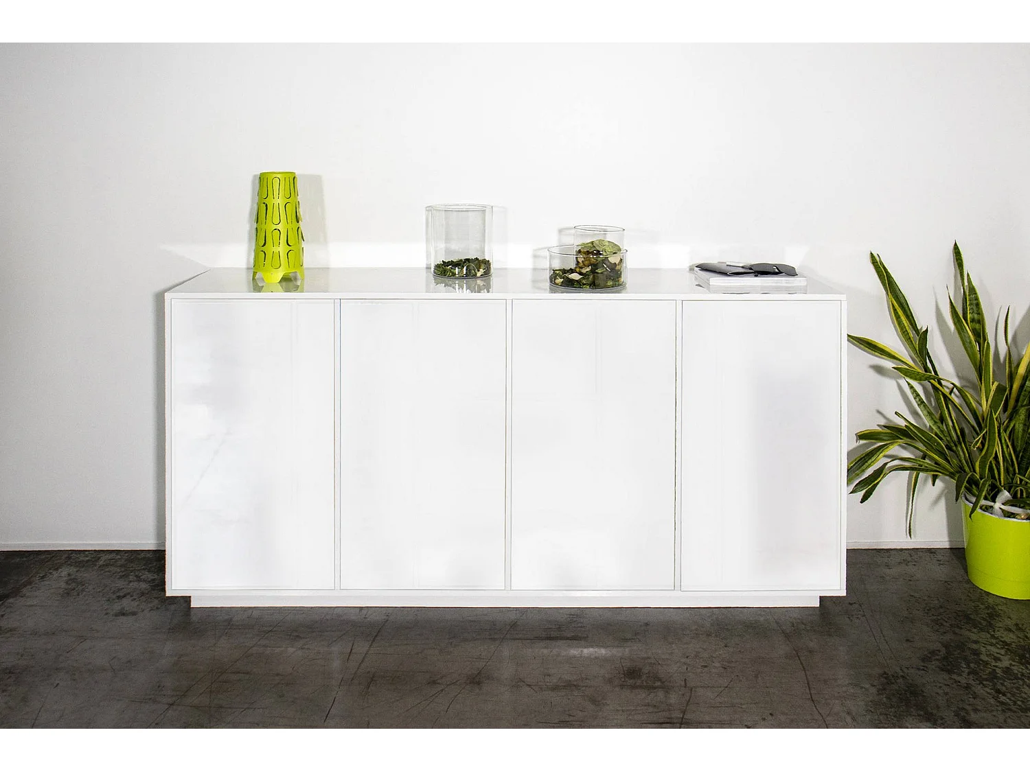 Buffet Virgilio, Buffet de cuisine 4 portes, Buffet de salon, 100% Made in Italy, 180x41h86 cm, Blanc brillant