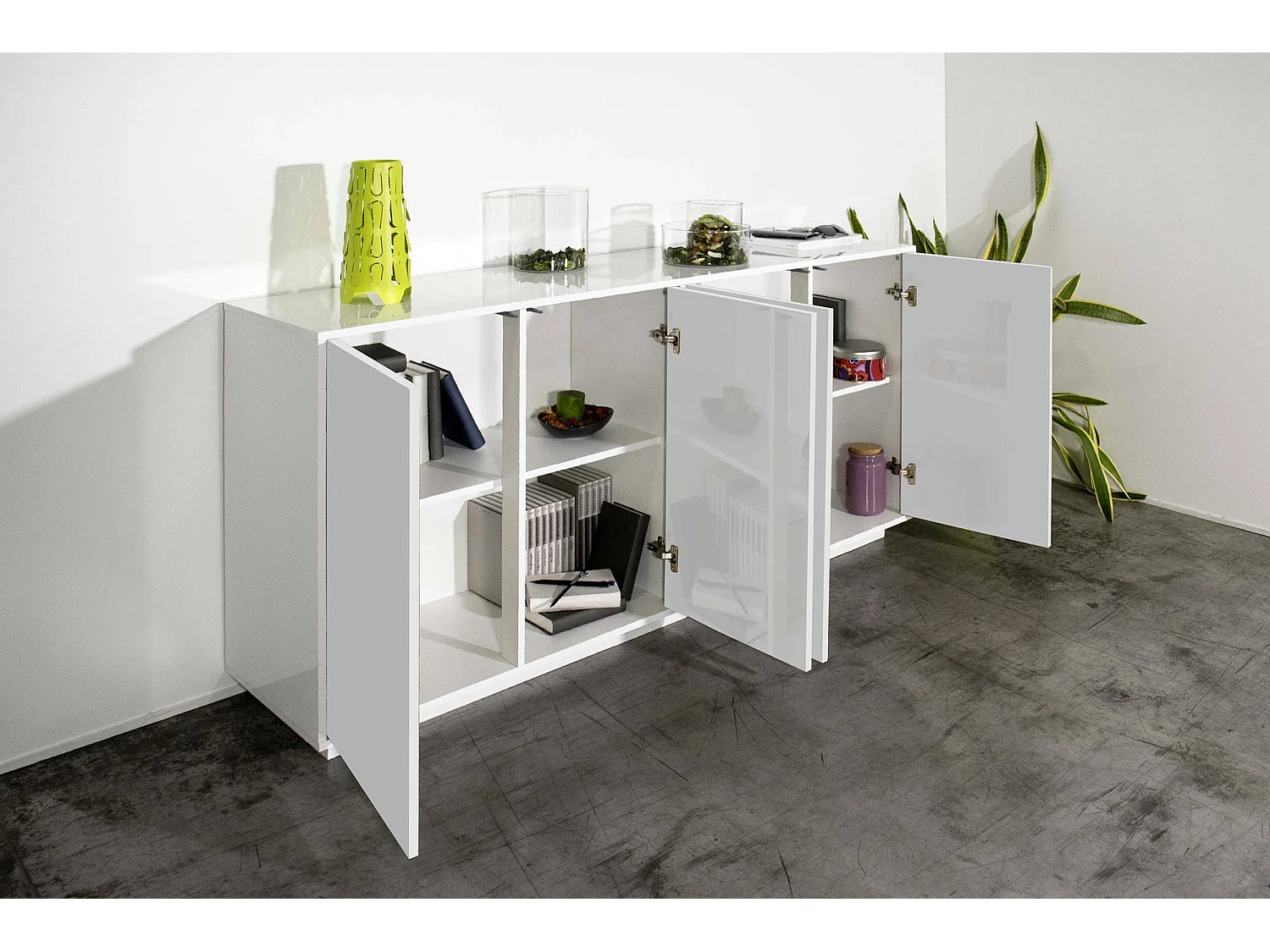 Buffet Virgilio, Buffet de cuisine 4 portes, Buffet de salon, 100% Made in Italy, 180x41h86 cm, Blanc brillant