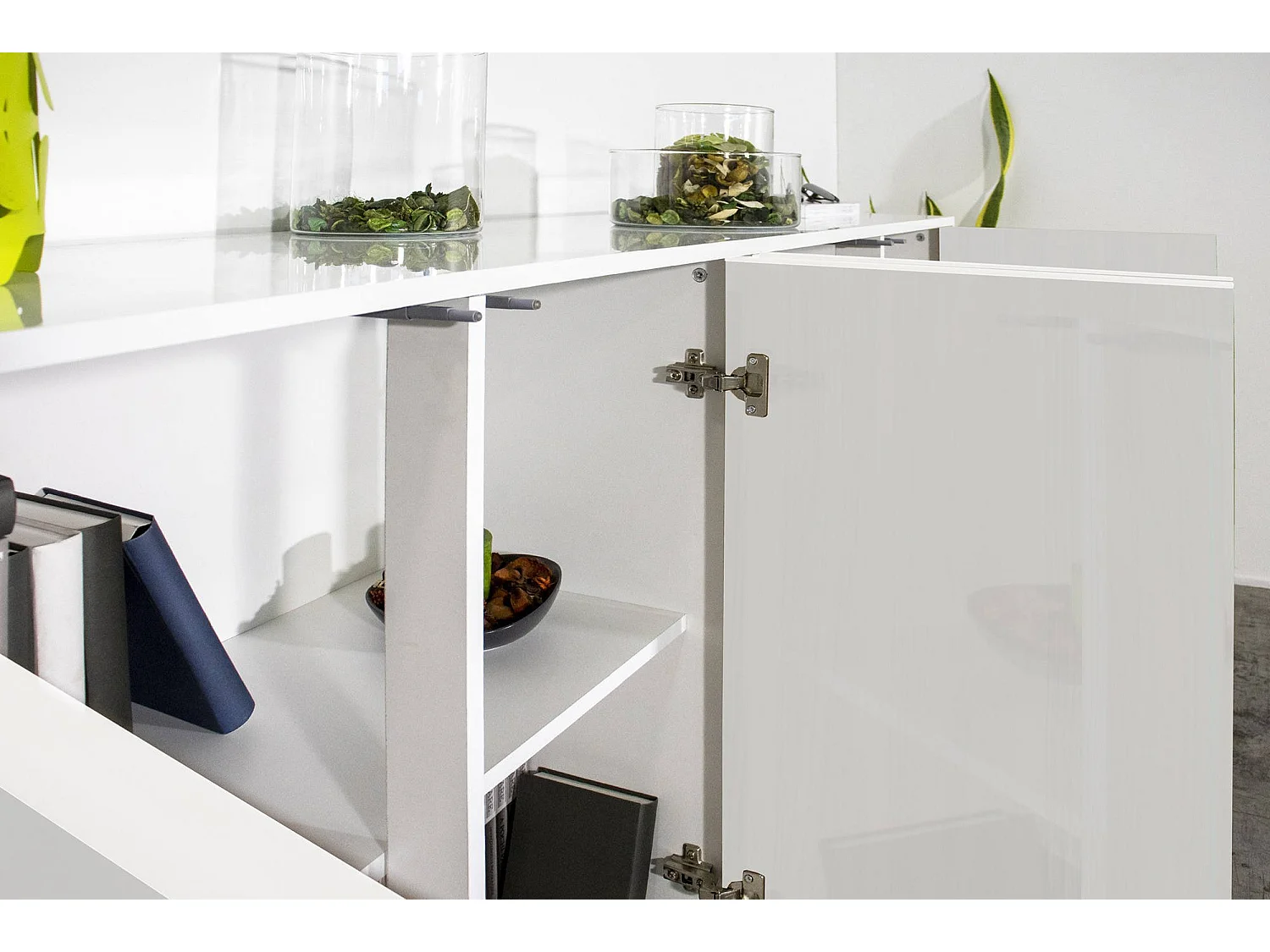 Buffet Virgilio, Buffet de cuisine 4 portes, Buffet de salon, 100% Made in Italy, 180x41h86 cm, Blanc brillant