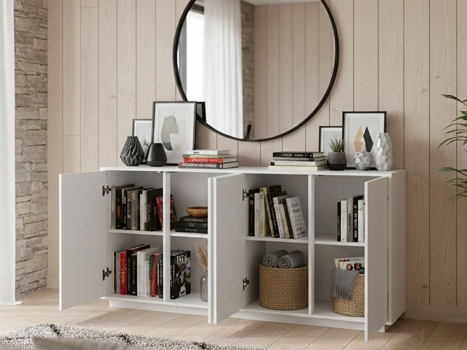 Buffet Virgilio, Buffet de cuisine 4 portes, Buffet de salon, 100% Made in Italy, 180x41h86 cm, Blanc brillant