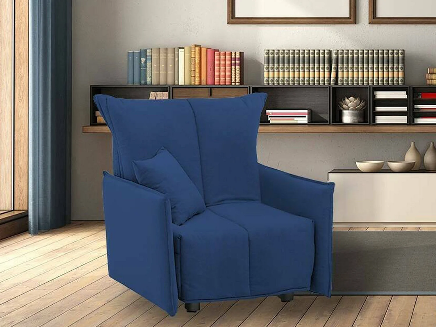 Canapé-lit Almerinda, Canapé simple, 100% Made in Italy, Fauteuil de salon avec ouverture trolley, en tissu rembourré, avec accoudoirs standards, 110x90h85 cm, Bleu