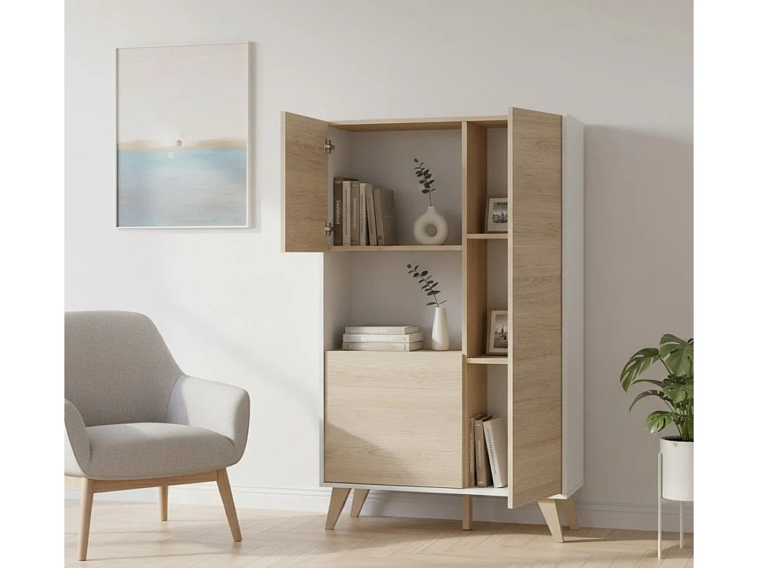 Buffet Damraba, Buffet de salon haut, Buffet de salon moderne avec 3 portes, 81x43h135 cm, Chêne et Blanc