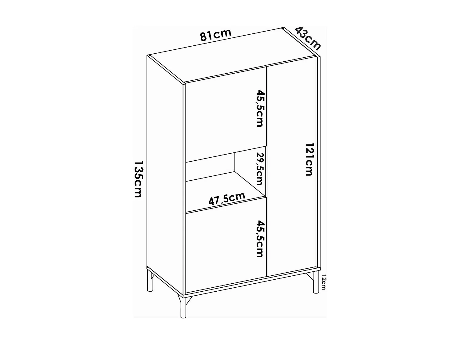 Buffet Damraba, Buffet de salon haut, Buffet de salon moderne avec 3 portes, 81x43h135 cm, Chêne et Blanc