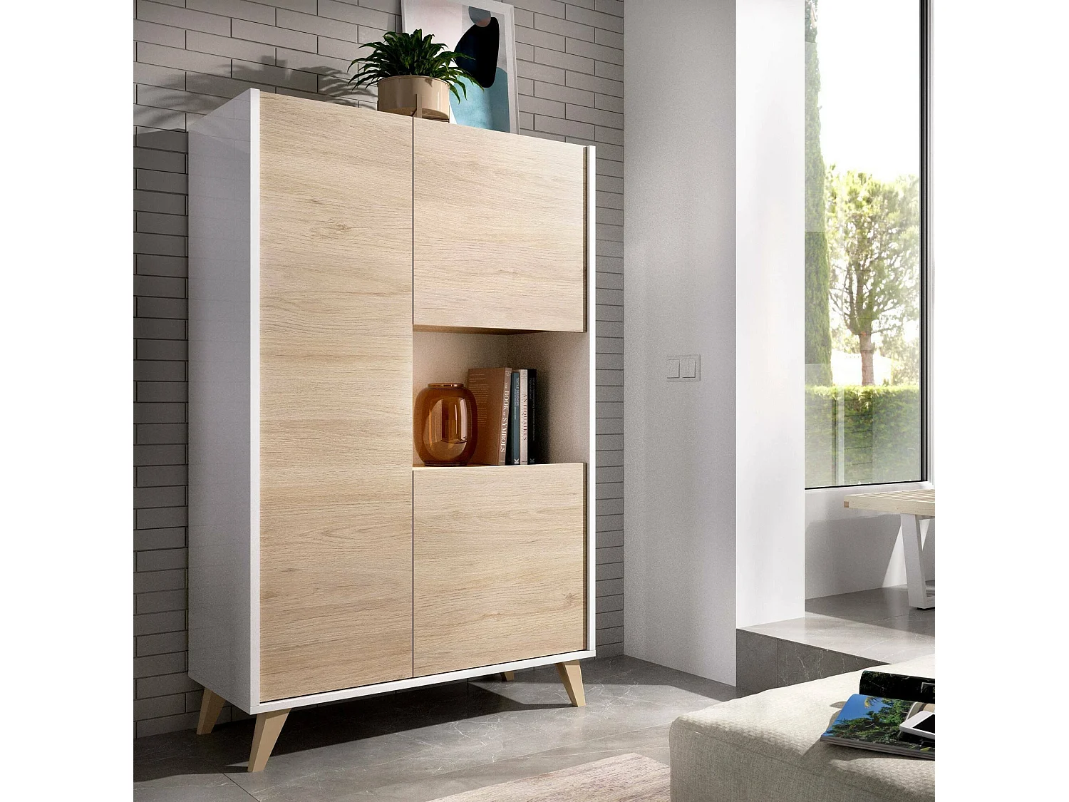 Buffet Damraba, Buffet de salon haut, Buffet de salon moderne avec 3 portes, 81x43h135 cm, Chêne et Blanc