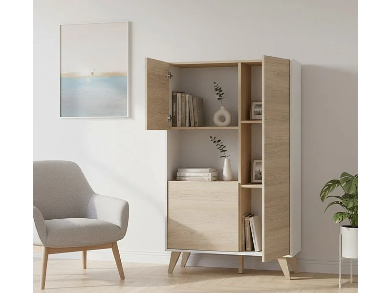 Aparador Damraba, Buffet de sala alto, Aparador de sala moderno com 3 portas, 81x43h135 cm, Carvalho e Branco