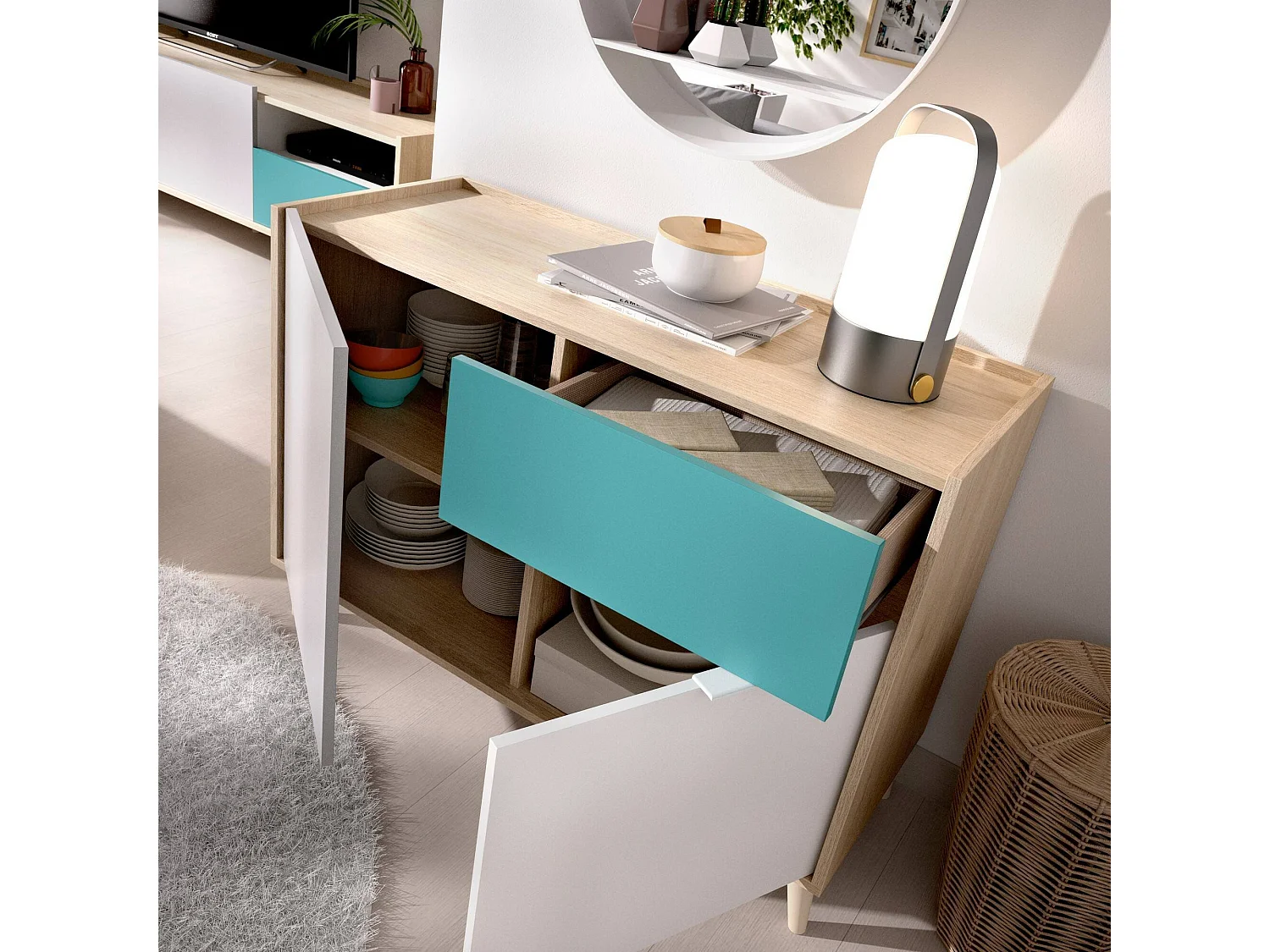 Aparador Mitchell, Buffet de sala, Aparador de sala moderno com 2 portas, 105x43h75 cm, Branco e Carvalho