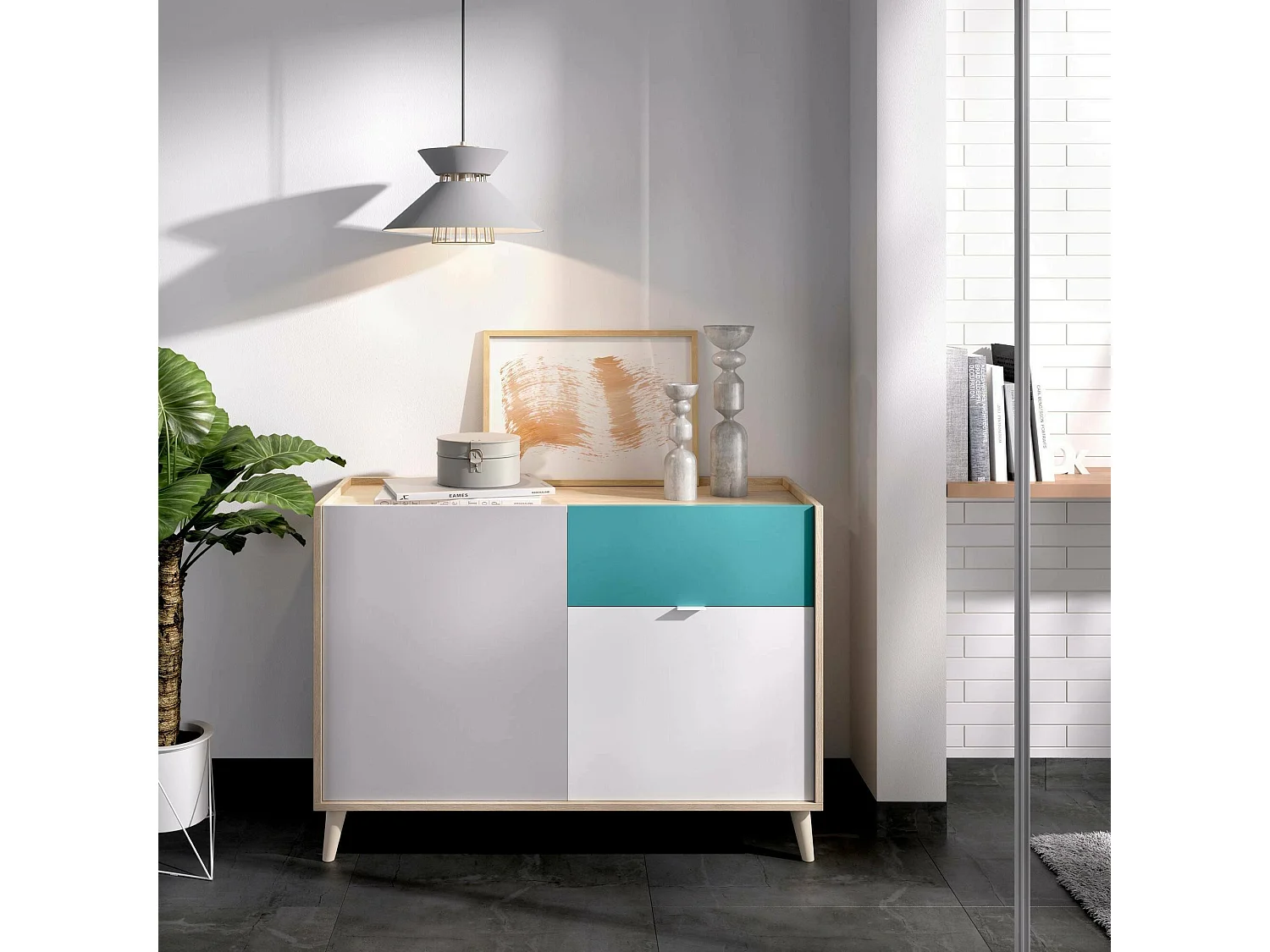 Buffet Mitchell, Buffet de salon, Buffet de salon moderne avec 2 portes, 105x43h75 cm, Blanc et Chêne