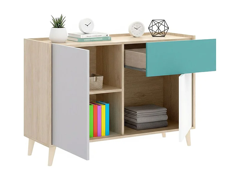 Dmora Dressoir Mitchell 43x105x75h cm Wit, Een plank, Lade, Dressoir 3 Vakken