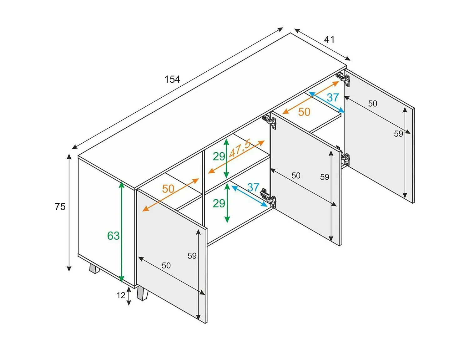 Dabello dressoir, Modern dressoir met 3 deuren en planken, Keukenbuffet, Woonkamer design buffet, 154x40h75 cm, Wit en Eiken