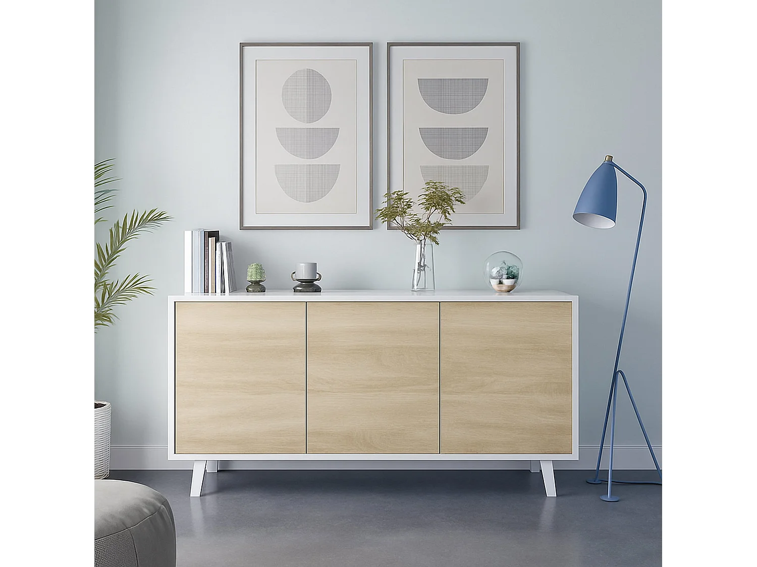 Buffet Dabello, Buffet de cuisine, Armoire design de salon, Buffet moderne avec 3 portes et étagères, 154x40h75 cm, Blanc et Chêne