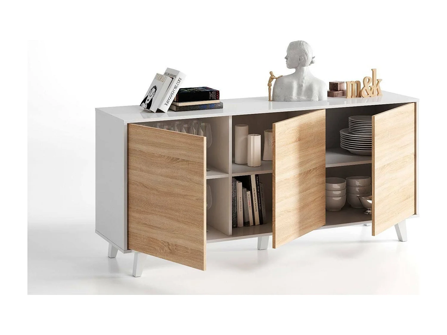 Buffet Arvada, Buffet de cuisine, Armoire design de salon, Buffet moderne avec 3 portes et étagères, 154x40h75 cm, Blanc et Chêne