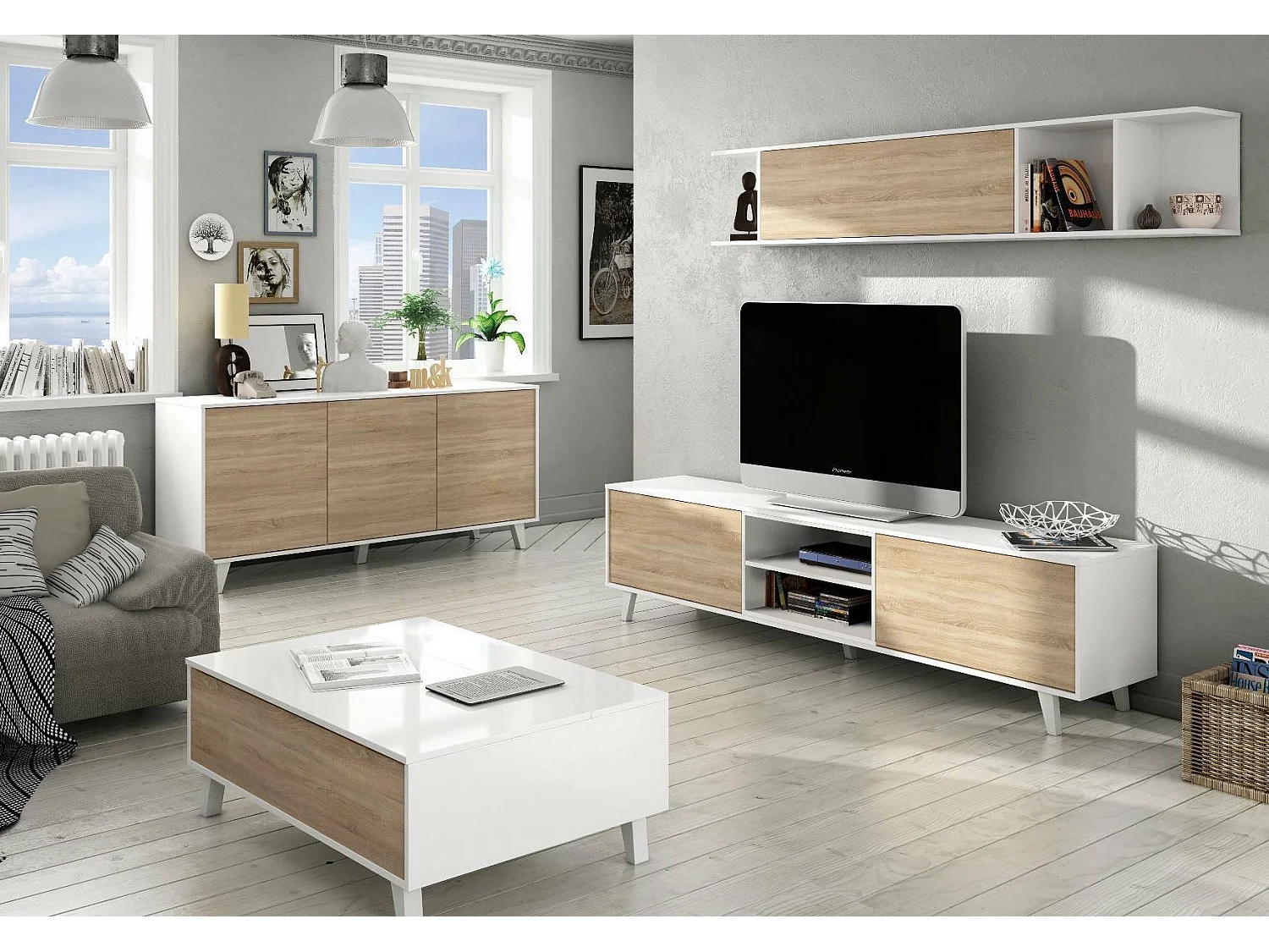 Buffet Arvada, Buffet de cuisine, Armoire design de salon, Buffet moderne avec 3 portes et étagères, 154x40h75 cm, Blanc et Chêne