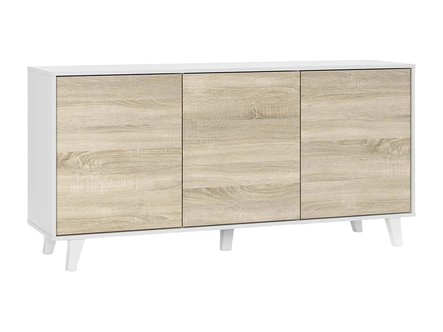 Buffet Arvada, Buffet de cuisine, Armoire design de salon, Buffet moderne avec 3 portes et étagères, 154x40h75 cm, Blanc et Chêne