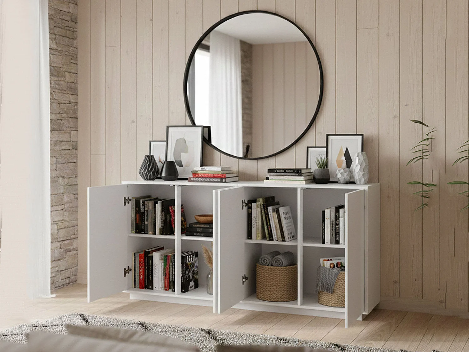 Buffet Dnande, Buffet de cuisine 4 portes, Buffet de salon, 100% Made in Italy, 180x41h86 cm, Blanc brillant