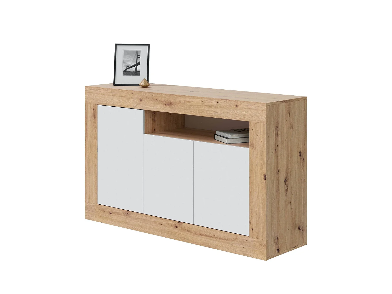 Aparador Thornton, Armário de sala, Buffet de sala com compartimentos, móvel de TV, Aparador moderno com 3 portas, 144x42h87 cm, Carvalho atado e Branco