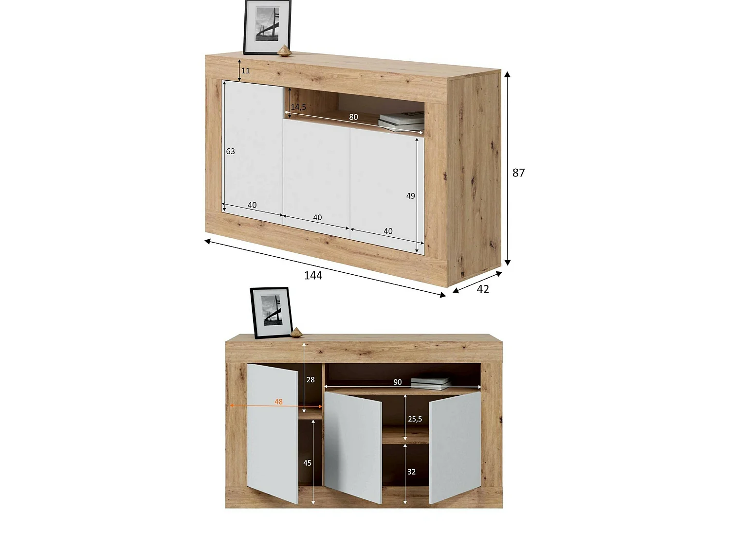 Aparador Thornton, Armário de sala, Buffet de sala com compartimentos, móvel de TV, Aparador moderno com 3 portas, 144x42h87 cm, Carvalho atado e Branco