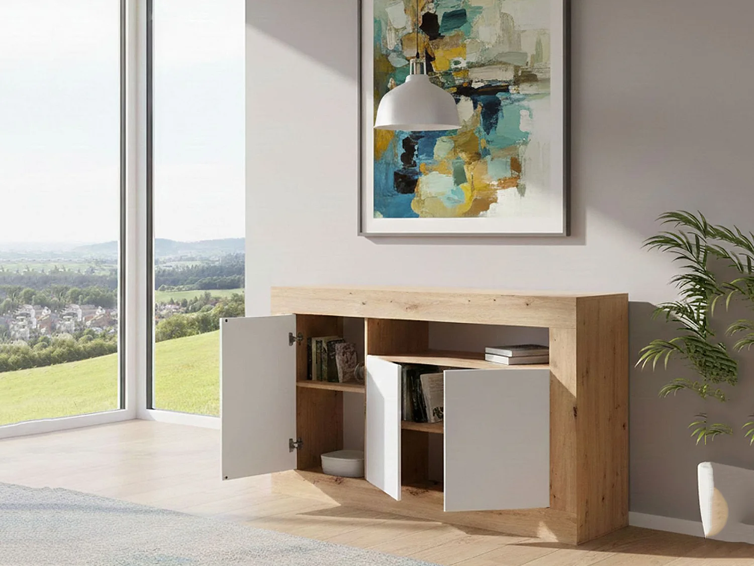 Aparador Thornton, Armário de sala, Buffet de sala com compartimentos, móvel de TV, Aparador moderno com 3 portas, 144x42h87 cm, Carvalho atado e Branco