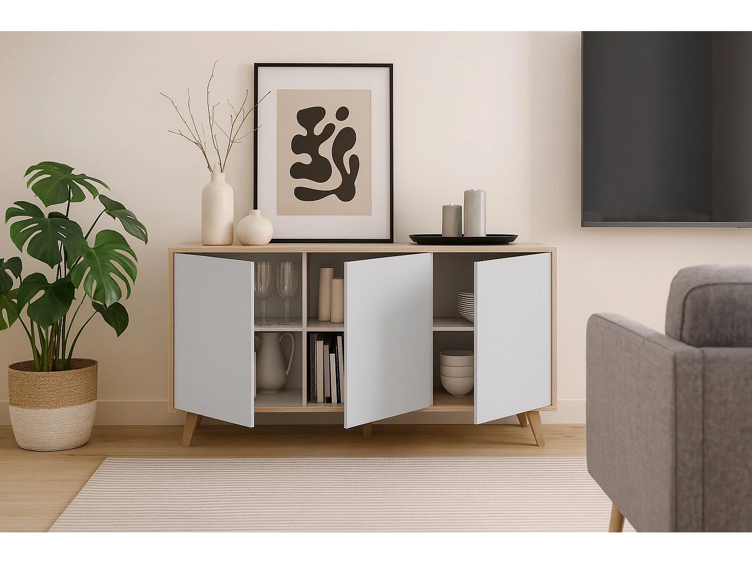 Buffet Arvada, Buffet de cuisine, Armoire design de salon, Buffet moderne avec 3 portes et étagères, 154x40h75 cm, Chêne et Blanc