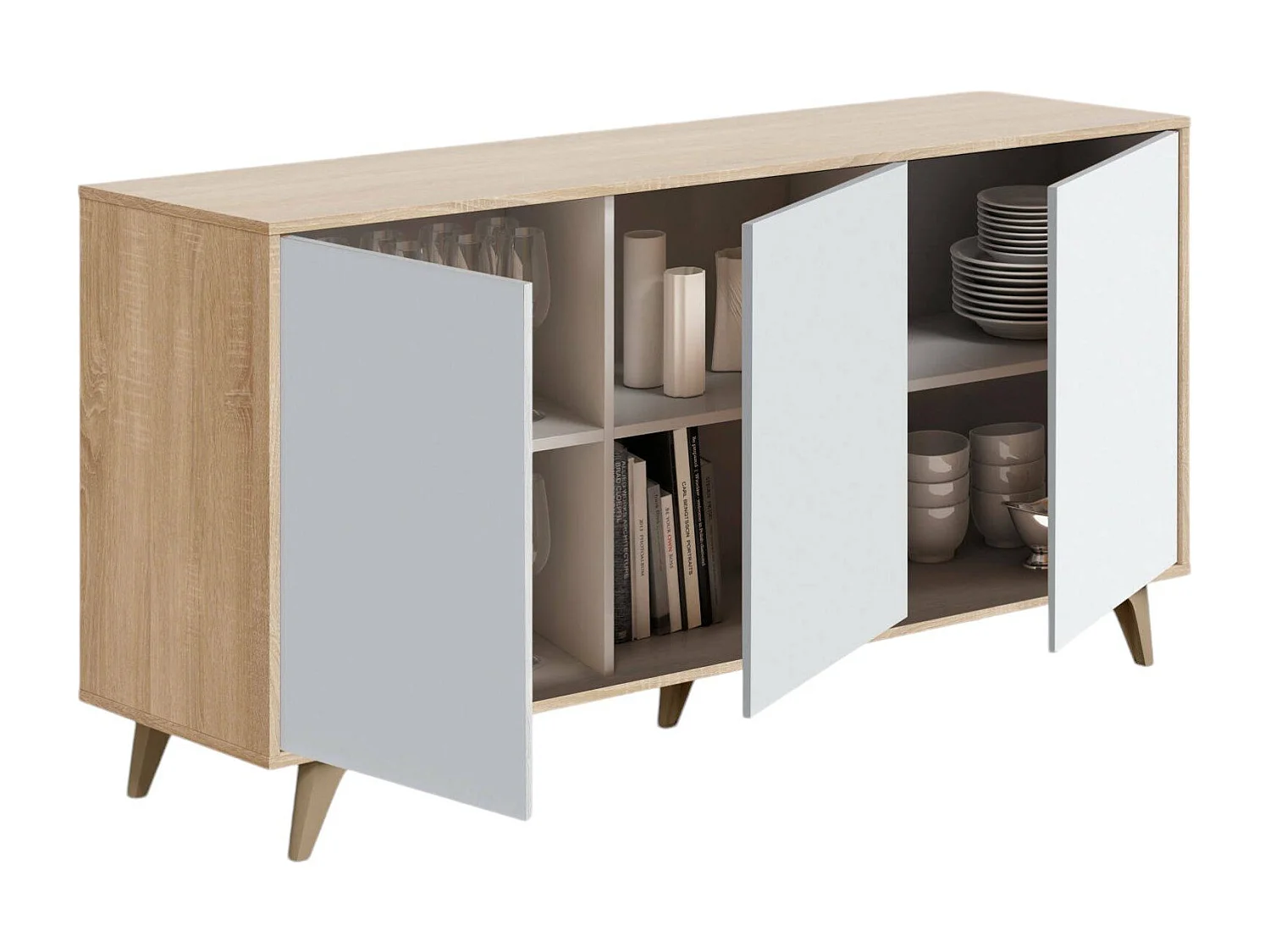 Credenza Arvada, Madia moderna a 3 ante e ripiani, Buffet da cucina, Buffet di design da soggiorno, 154x40h75 cm, Rovere e Bianco