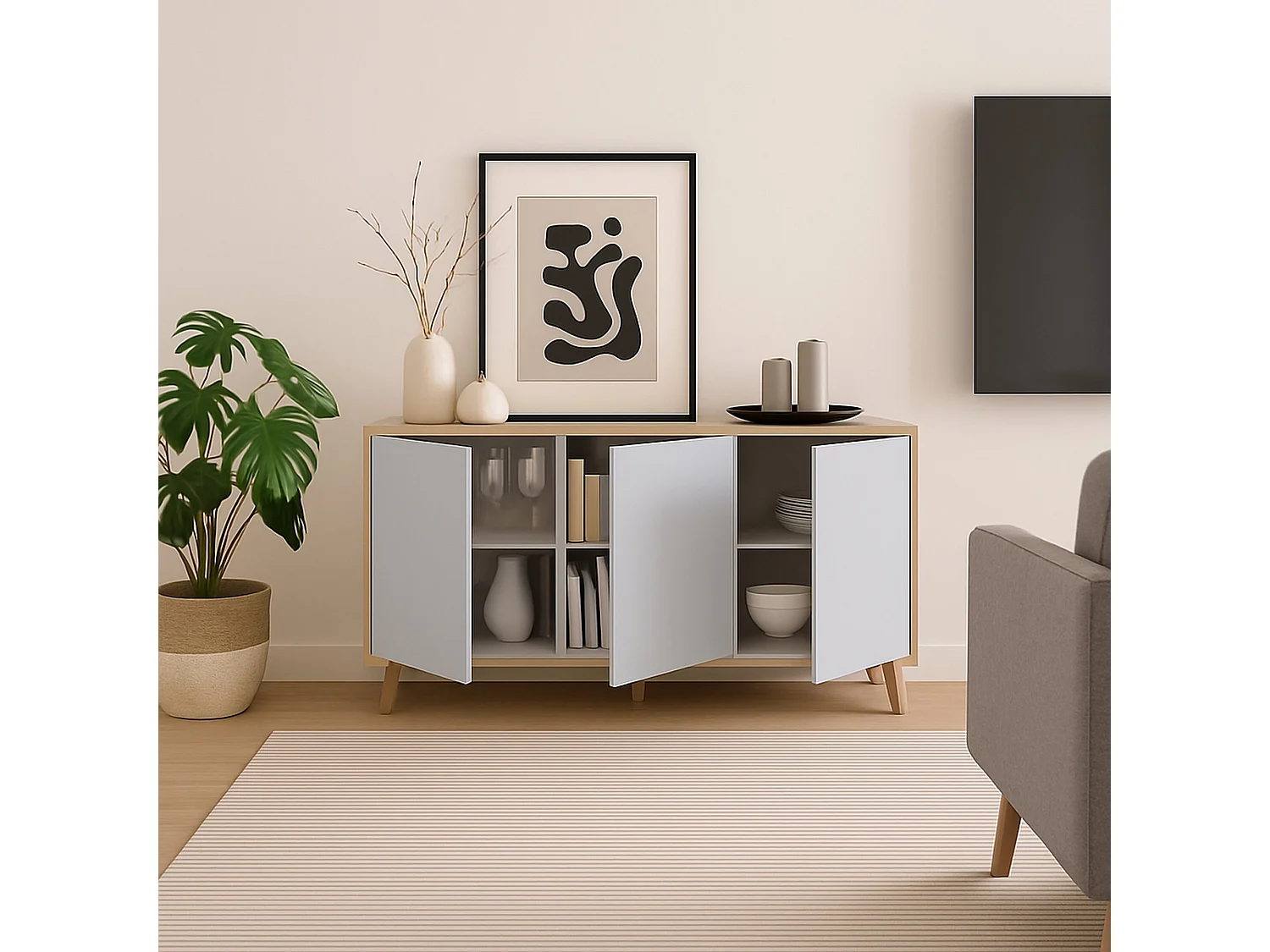 Credenza Arvada, Madia moderna a 3 ante e ripiani, Buffet da cucina, Buffet di design da soggiorno, 154x40h75 cm, Rovere e Bianco